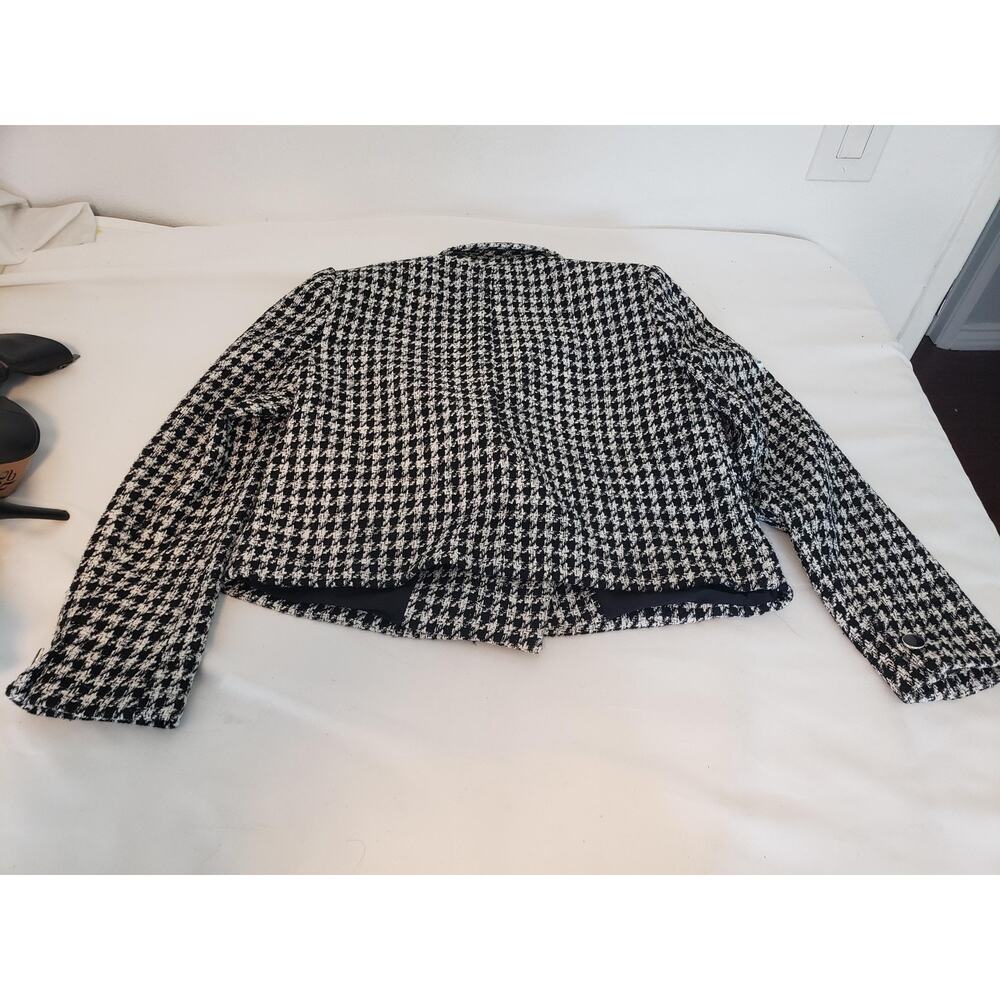 Vintage Blazer Suit Jacket Womens 12 Black White Houndstooth Cropped Tweed Paris - Picture 11 of 16